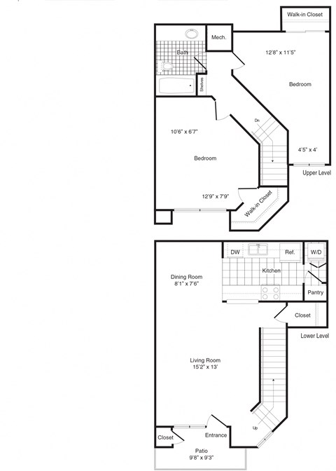 A floor plan of a two level home with a living room, dining room, kitchen, two bedrooms, a bathroom, and a walk-in closet.